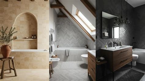 Collage van verschillende badkamers met natuurstenen elementen, variërend van rustiek tot modern.