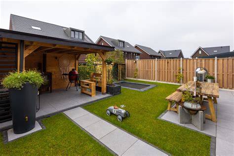 Illustratie: indeling van een tuin met geïntegreerde berging
