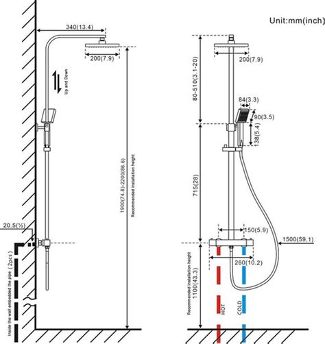 Schema van het Ikea BROGRUND douchesysteem met thermostatische kraan, handdouche en douchekop