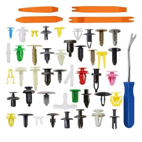 Illustratie van verschillende typen auto-bevestigingsclips (drukclips, schroefclips, veerclips, snelclips)