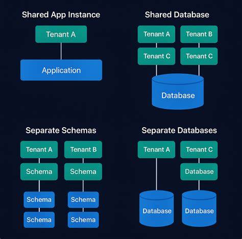 Infographic: Modelle van data-isolatie in multi-tenant omgevingen (shared schema, separate schema, aparte databases)