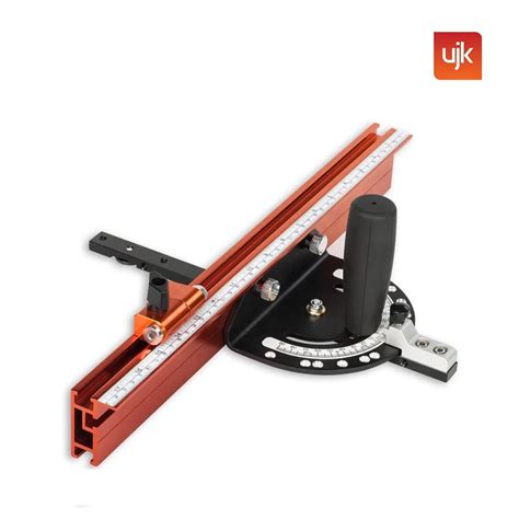 Detailfoto van de verstekgeleider van de Axminster AW300DS, met nadruk op de instelmogelijkheden.