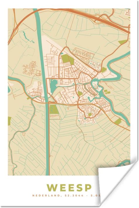 Plattegrond van Weesp met aanduiding van verschillende wijken en woningtypen.