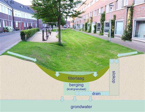Foto: groene wadi als buffer naast een plein