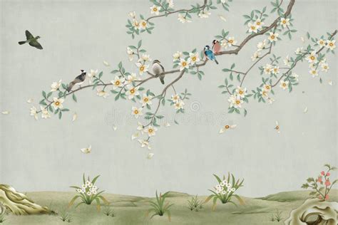 Illustratie: botanisch behang met takken en bloesems