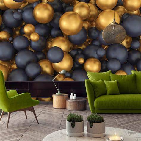 Fotobehang Ballen in Goud en Zwart 3D - gildt