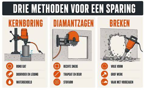 Diagram van de drie technieken: kernboring, diamantzagen en breken