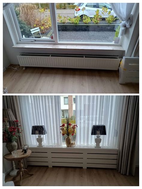 Schematische weergave van een radiator met een op maat gemaakte ombouw, die zowel esthetische als functionele voordelen benadrukt.