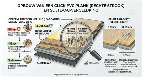 Infographic: structuur van een PVC-vloer met slijtlaag, decorlaag, stabilisatielaag en akoestische onderlaag