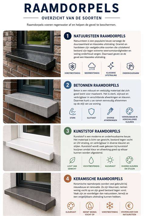 Infographic over raamdorpels: soorten materialen, helling en overstek