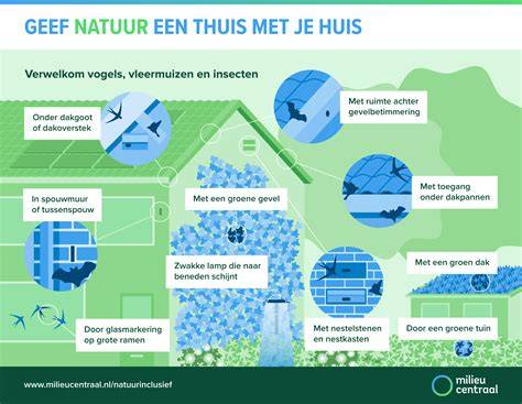 Infographic over natuurinclusief bouwen: vogelvriendelijke maatregelen, vleermuiskasten, groene daken
