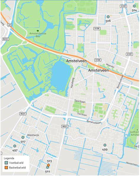 Overzichtskaart van Amstelveen met locaties