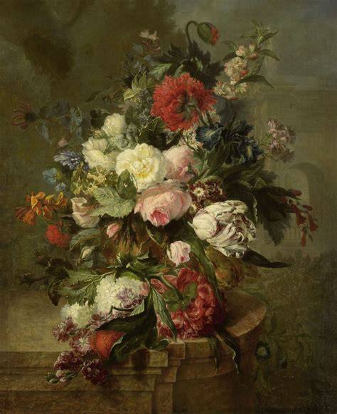 Afbeelding: stilleven met bloemen, glaswerk en rijke bloemstukken uit de bloeitijd