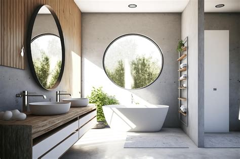 2. Twee ronde spiegels met witte wastafels en houten meubel