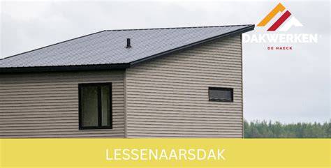 Infographic over lessenaarsdak kenmerken: asymmetrische vorm, één goot, helling