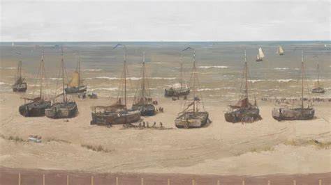 Detail van schepen en vissers op Panorama Mesdag