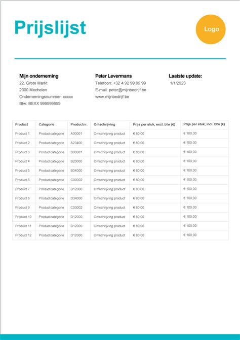prijslijst met de verschillende diensten en tarieven