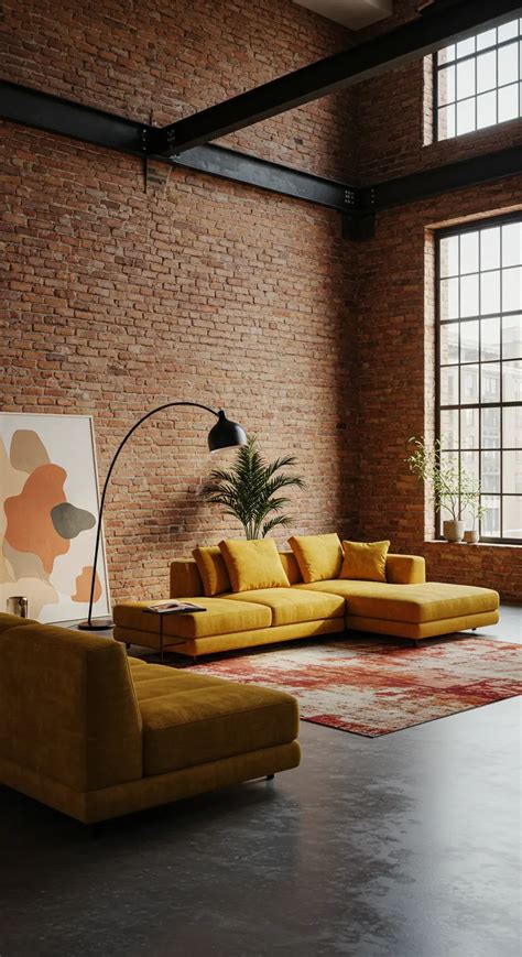 Een sfeervolle woonkamer met okergele accenten, zoals een fauteuil of decoratieve kussens.
