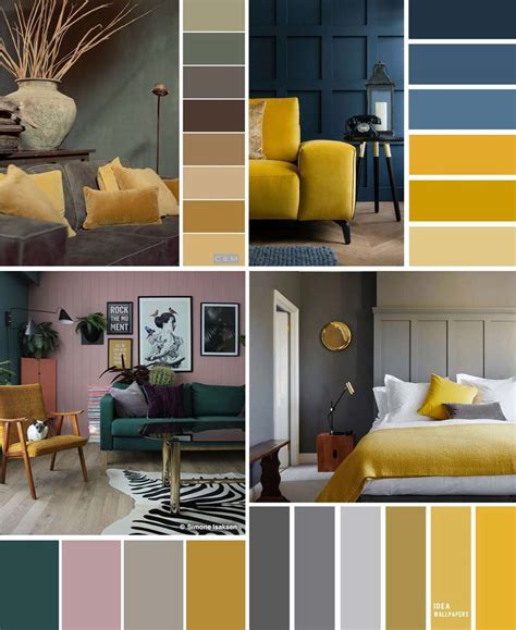 Een moodboard met kleurstalen die goed combineren met okergeel, zoals groen, blauw, grijs en beige.