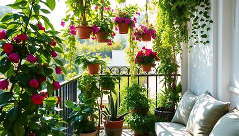 Afbeelding van een balkon met balconttegrenen, planten en lounge