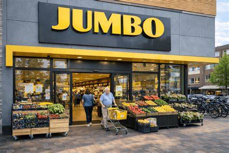 Overzicht terreinaanleg Jumbo de Boekt: parkeerplaatsen, gele lopers, groenbeplanting