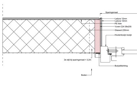 Detail van een aansluiting tussen een HSB wand en plafond met zichtbare scheurvorming