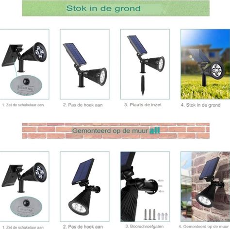 Illustratie van verschillende soorten solar tuinverlichting, met nadruk op prikspots.