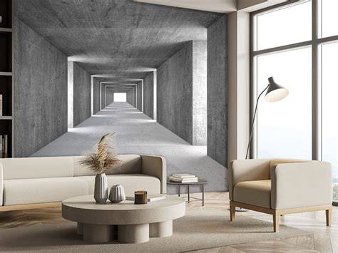 Woonkamer met fotobehang als blikvanger, minimalistisch ingericht