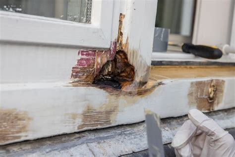 Voorbeeld van houtrot op een houten kozijn, met zichtbare verkleuring en zachte plekken