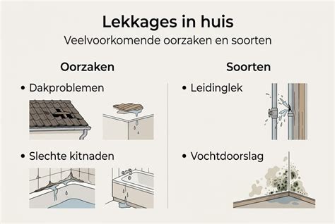 Infographic: veelvoorkomende oorzaken van lekkage bij zinken dakgoten (ouderdom, temperatuurverschillen, verstoppingen, slecht laswerk)