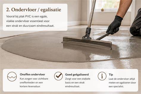Diagram: Aandachtspunten bij installatie van plak-PVC in toilet (ondervloer egaal, naden afwerken, uitzettingsvoeg)