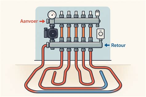 Illustratie van een verdeler die aan de muur wordt opgehangen met waterpas en boormachine