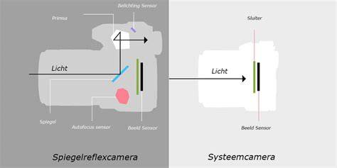 Diagram: spiegelreflex vs systeemcamera met spiegelsysteem