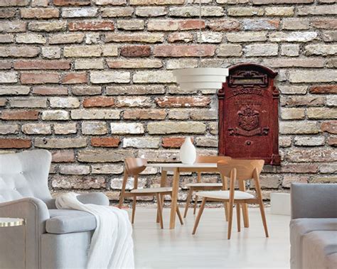 Voorbeelden van steen-, baksteen- en houtlook behang