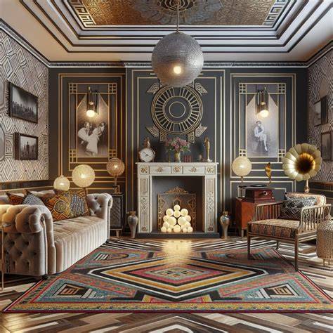 Foto van een Art Deco interieur met zwart-wit contrast en goudaccenten
