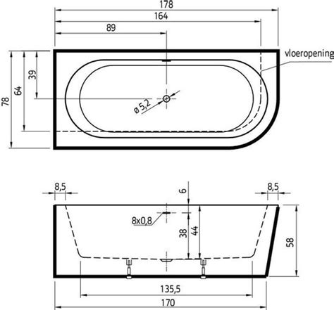 Infographic: Schematische weergave van een 190x90 hoekbad met Geberit afvoer en inbouwdelen