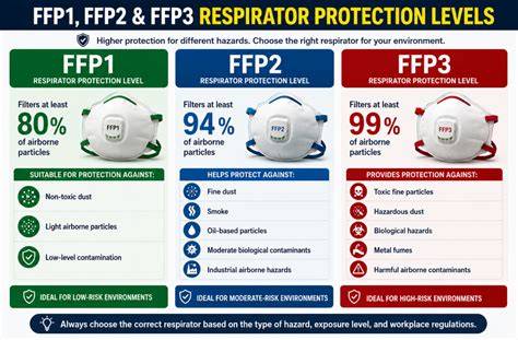 Infographic: Verschillen FFP1, FFP2 en FFP3 - filterefficiëntie en typische toepassingen