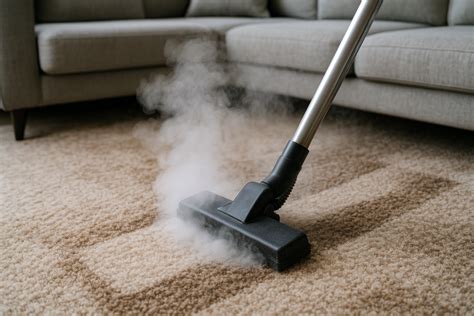 Foto van een stoomreiniger die een tapijt reinigt