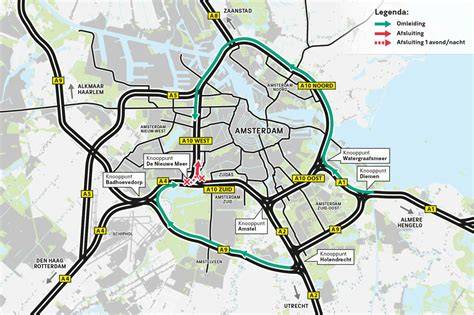 Kaart van de A10 Zuid projectomgeving met De Nieuwe Meer kruising en Joy Jaagpad