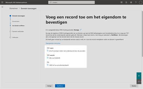 Diagram: domeinverificatieproces met TXT-record en verificatie in Microsoft 365