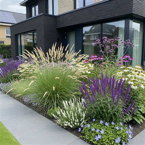 Afbeelding van een border met gras, tegels en potplanten