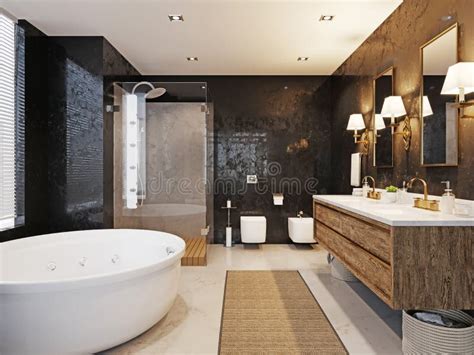 Afbeelding van een luxueuze badkamer met strakke lijnen en grote spiegels zoals beschreven