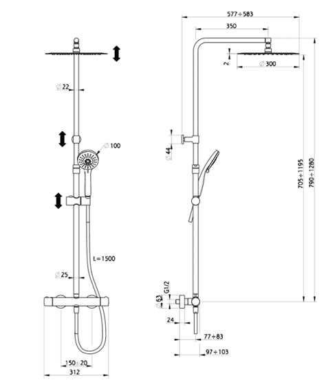 Technische tekening DU5490 verstelbare regendouche