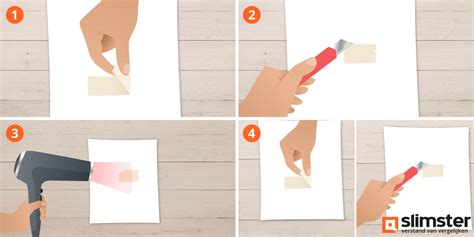 Illustratie van het voorzichtig wegschrapen van plakbandresten met een plastic kaart