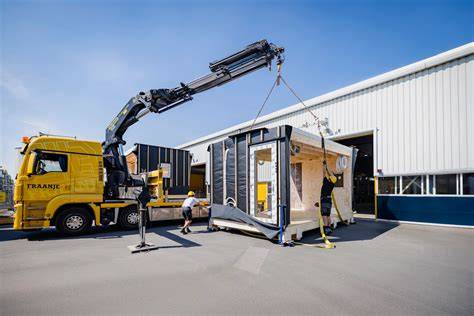 Infographic: Processtappen prefab bouwen (ontwerp → fabricaat → transport → montage)