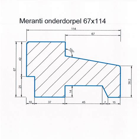 Illustratie van een DTS onderdorpel met aanduiding van de afmetingen en materiaalsamenstelling.