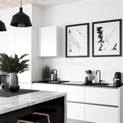 Illustratie van een modern keukeninterieur met een glanzend zwart natuurstenen aanrechtblad.