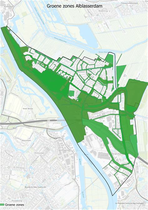 Kaart van Alblasserdam met aangeduide groene zones.