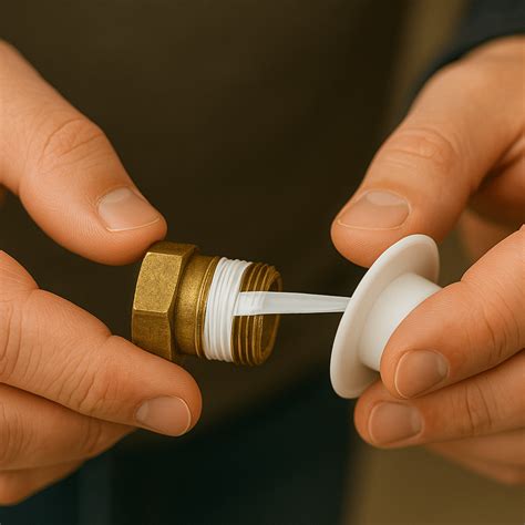 Gedetailleerde afbeelding van het aanbrengen van teflon tape op een blindstop voor een waterdichte afsluiting.