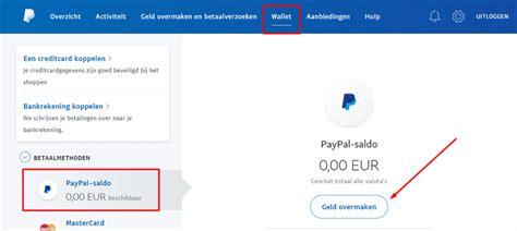 Screenshot van het PayPal-accountdashboard met de optie 'Bankrekening toevoegen' of 'Kaart toevoegen' gemarkeerd.